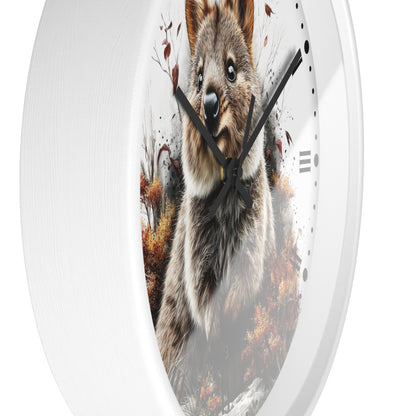 A round white wall clock featuring a detailed graphic print of a gray and brown quokka with autumn foliage on the face, set against a clean white background.