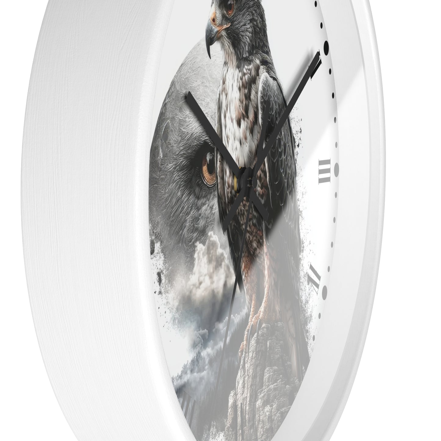 A round white wall clock with a printed design of a hawk and owl face on the face, black hands, and minimalist black hour markers on a white background.