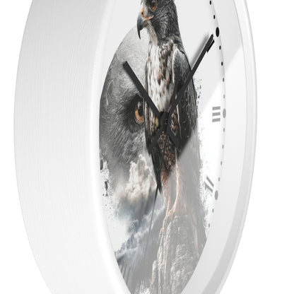 A round white wall clock with a printed design of a hawk and owl face on the face, black hands, and minimalist black hour markers on a white background.