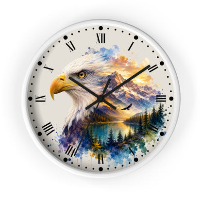A round wall clock with a white frame and a printed design featuring a bald eagle over a mountain, lake, and forest landscape. The clock face has black Roman numerals and black hands on a white background.