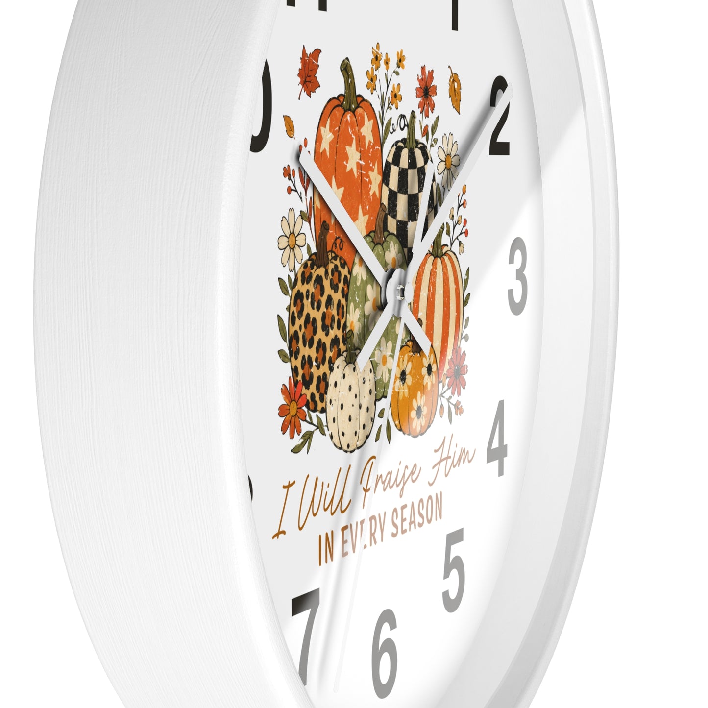 Autumn Wall Clock — "I Will Praise Him in Every Season" Fall Pumpkin Floral Decor