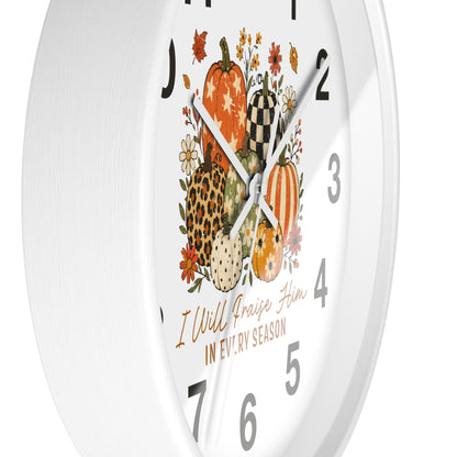 Autumn Wall Clock — "I Will Praise Him in Every Season" Fall Pumpkin Floral Decor