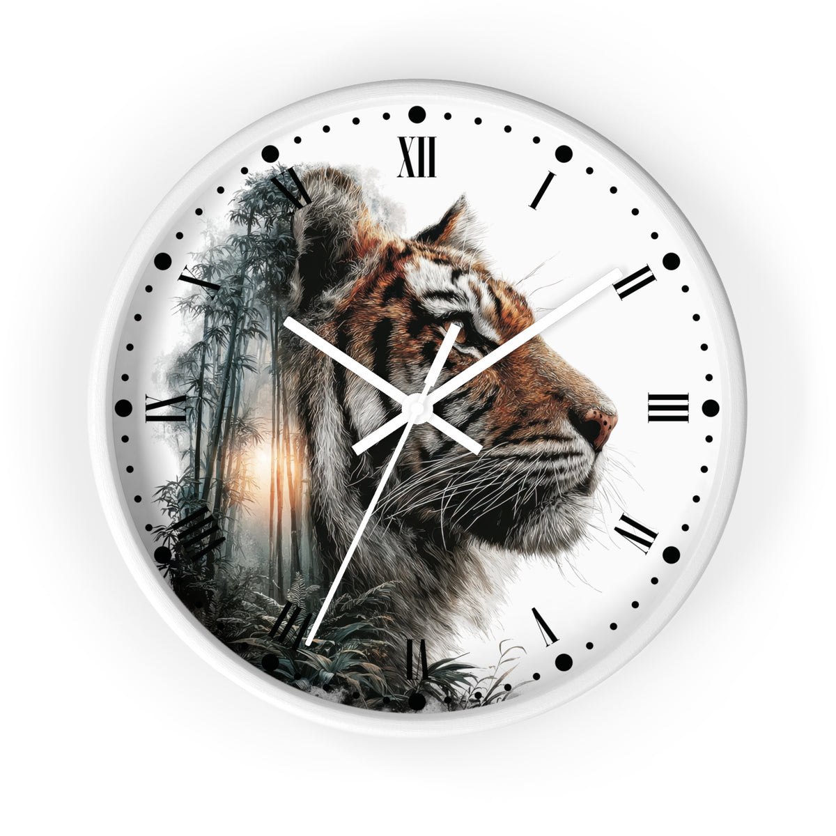 A round wall clock with a white face featuring a detailed tiger illustration on the left side, Roman numerals, black hour markers, and white hands, shown against a light gray background.