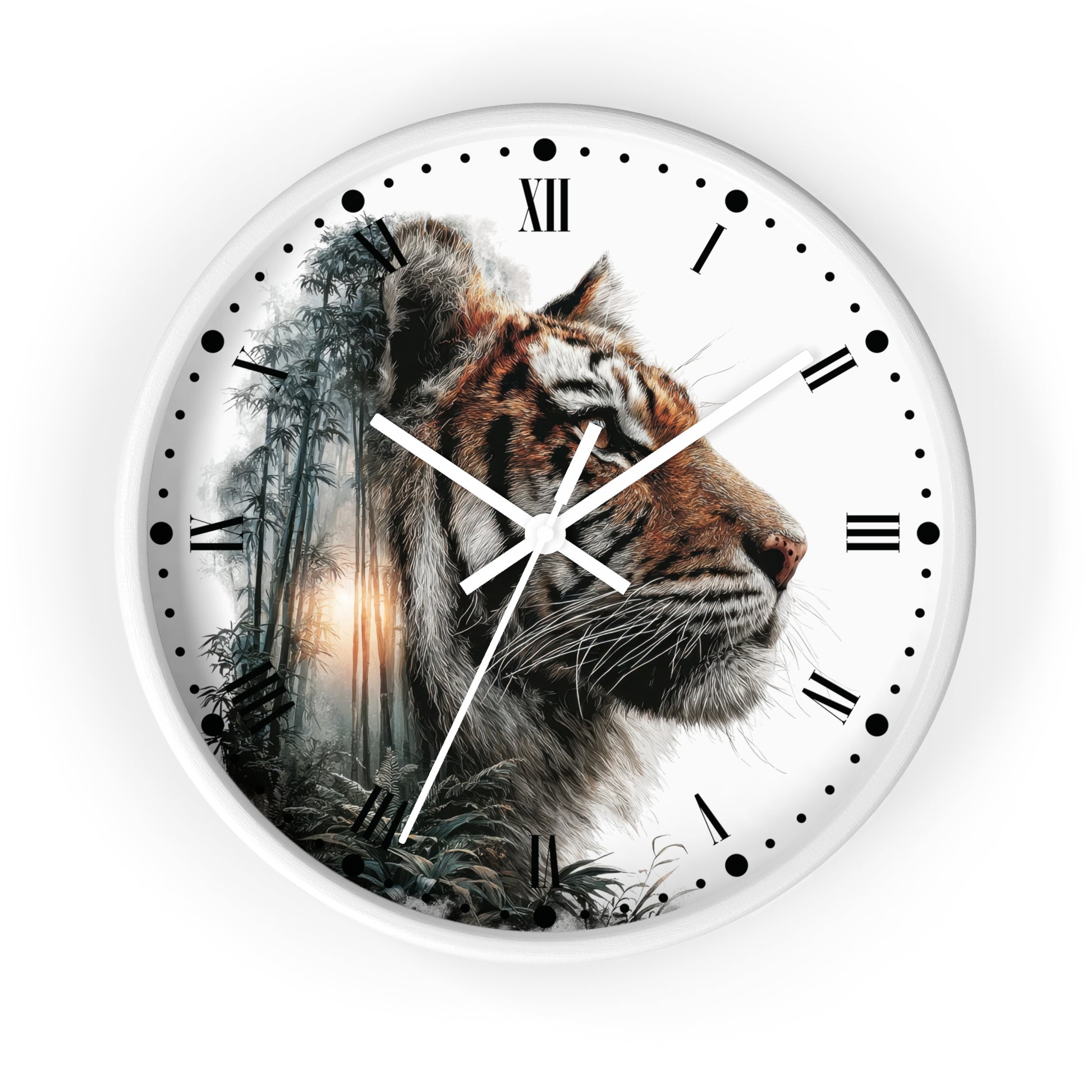 A round wall clock with a white face featuring a detailed tiger illustration on the left side, Roman numerals, black hour markers, and white hands, shown against a light gray background.