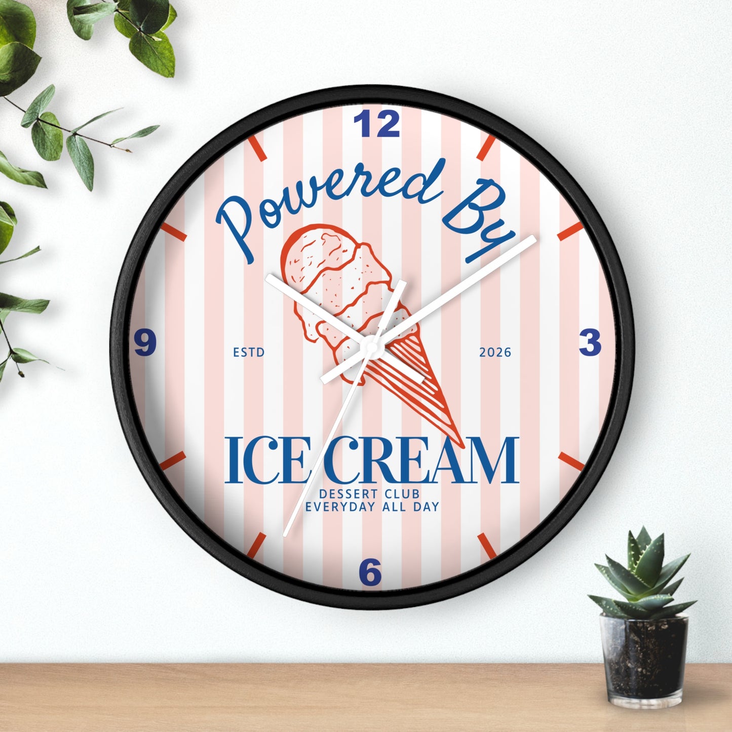 Dessert Club Wall Clock | "Powered By Ice Cream" Retro Striped  Kitchen Decor