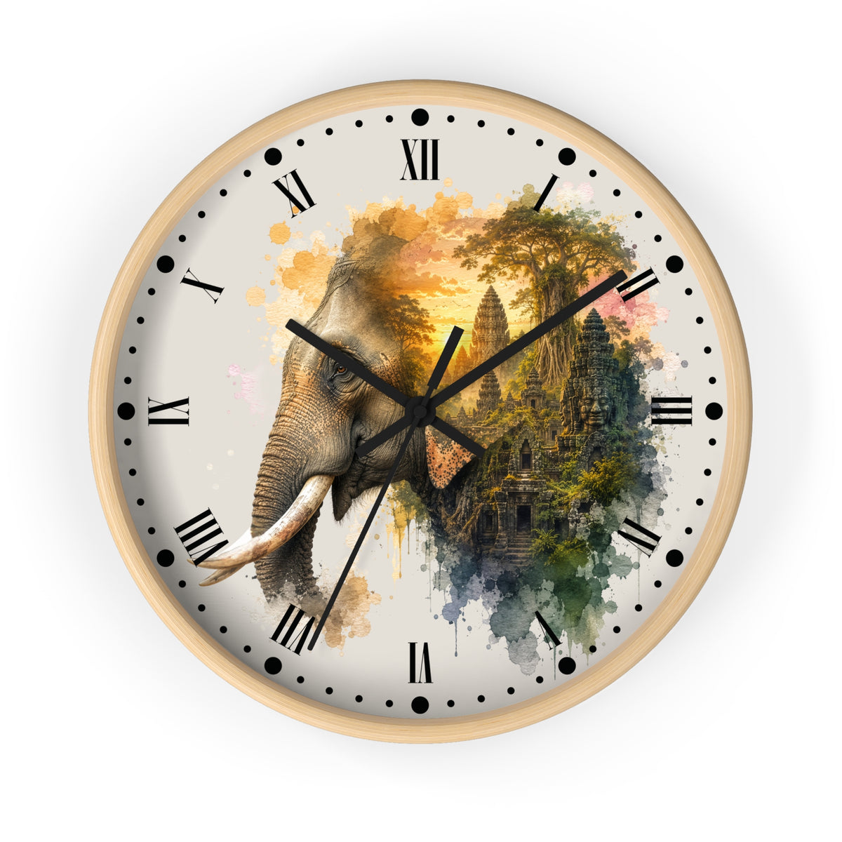 Elephant Temple Wall Clock — Watercolor Safari Home Decor