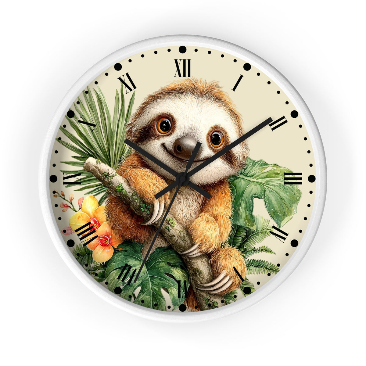 A round wall clock with a white frame and a cream-colored face, featuring a detailed illustration of a smiling sloth holding a branch among tropical green leaves and yellow flowers. The clock has black Roman numeral hour markers and black hands.