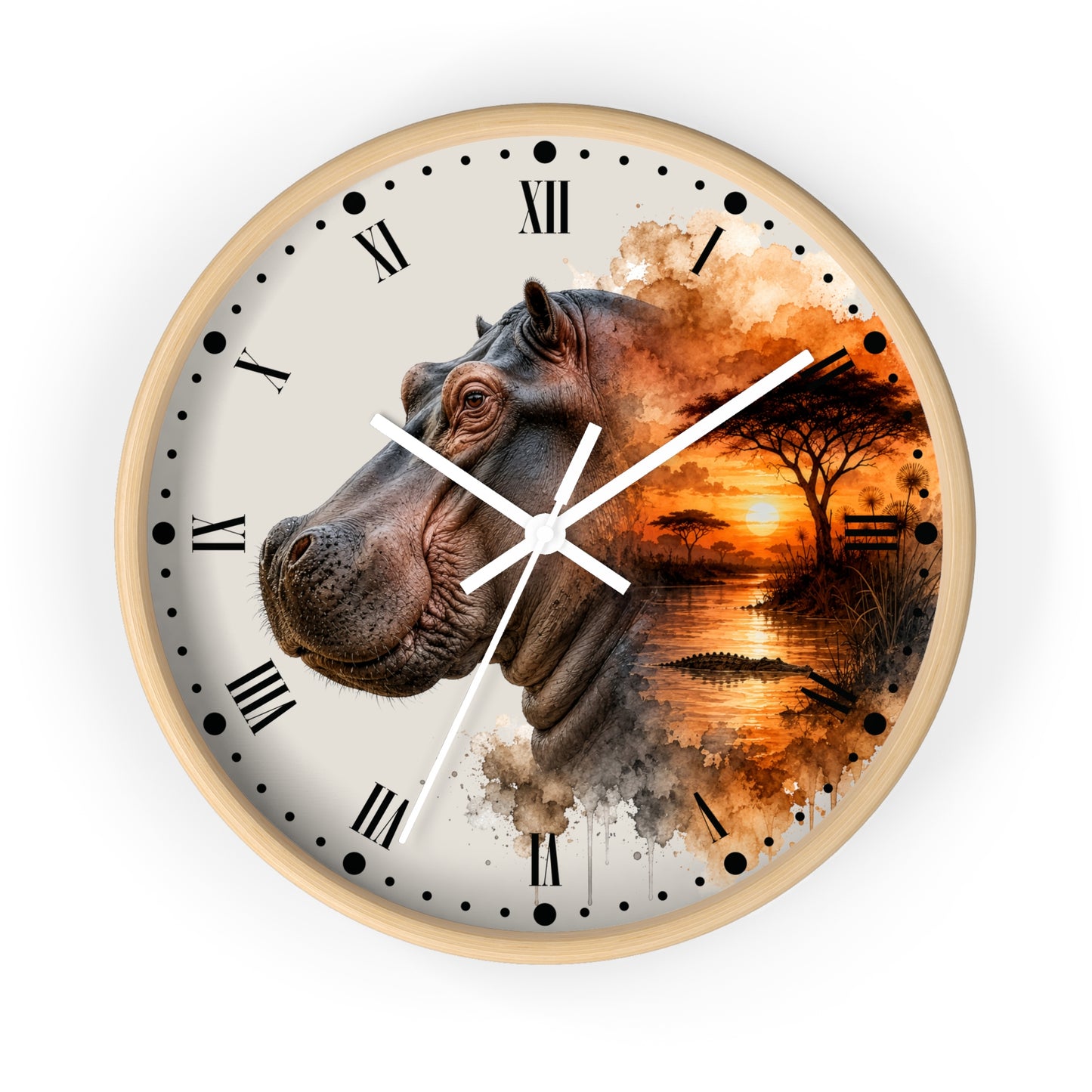 A round wall clock with a light wood frame and a printed design featuring a hippopotamus head merging into an African savanna sunset scene. The clock face is off-white with black Roman numerals and white hands.