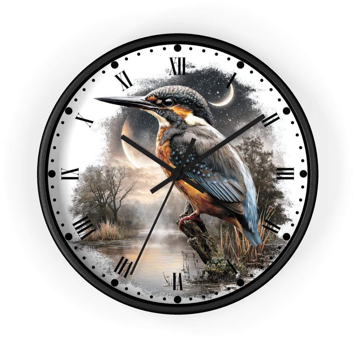 A round wall clock with a black frame and a printed nature scene on the dial, featuring a kingfisher perched over water at dusk with Roman numerals and black hands.