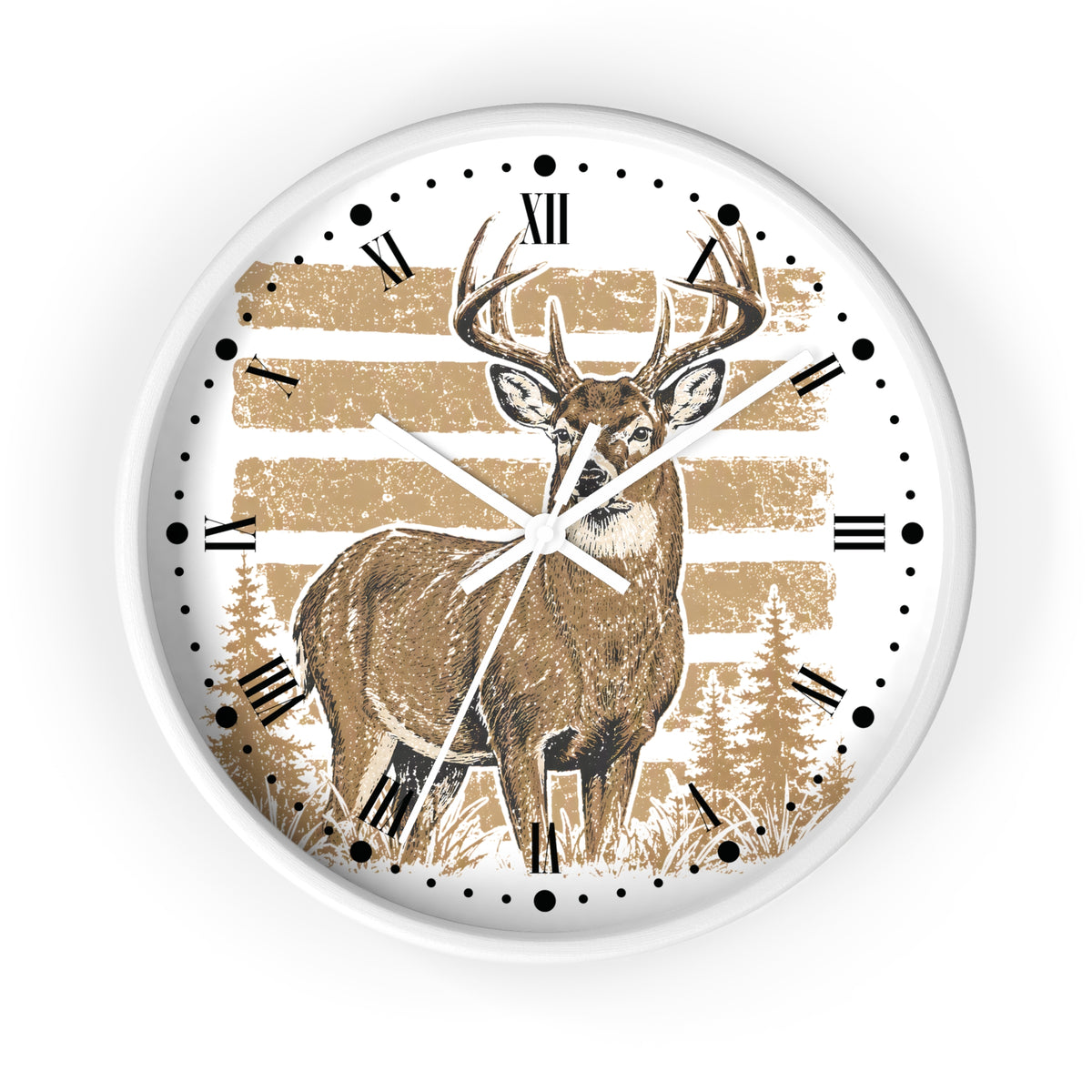 A round wall clock with a white frame and a printed deer design. The clock face features a brown deer standing in front of horizontal tan stripes and pine trees, with black Roman numerals and black dot hour markers on a white background.