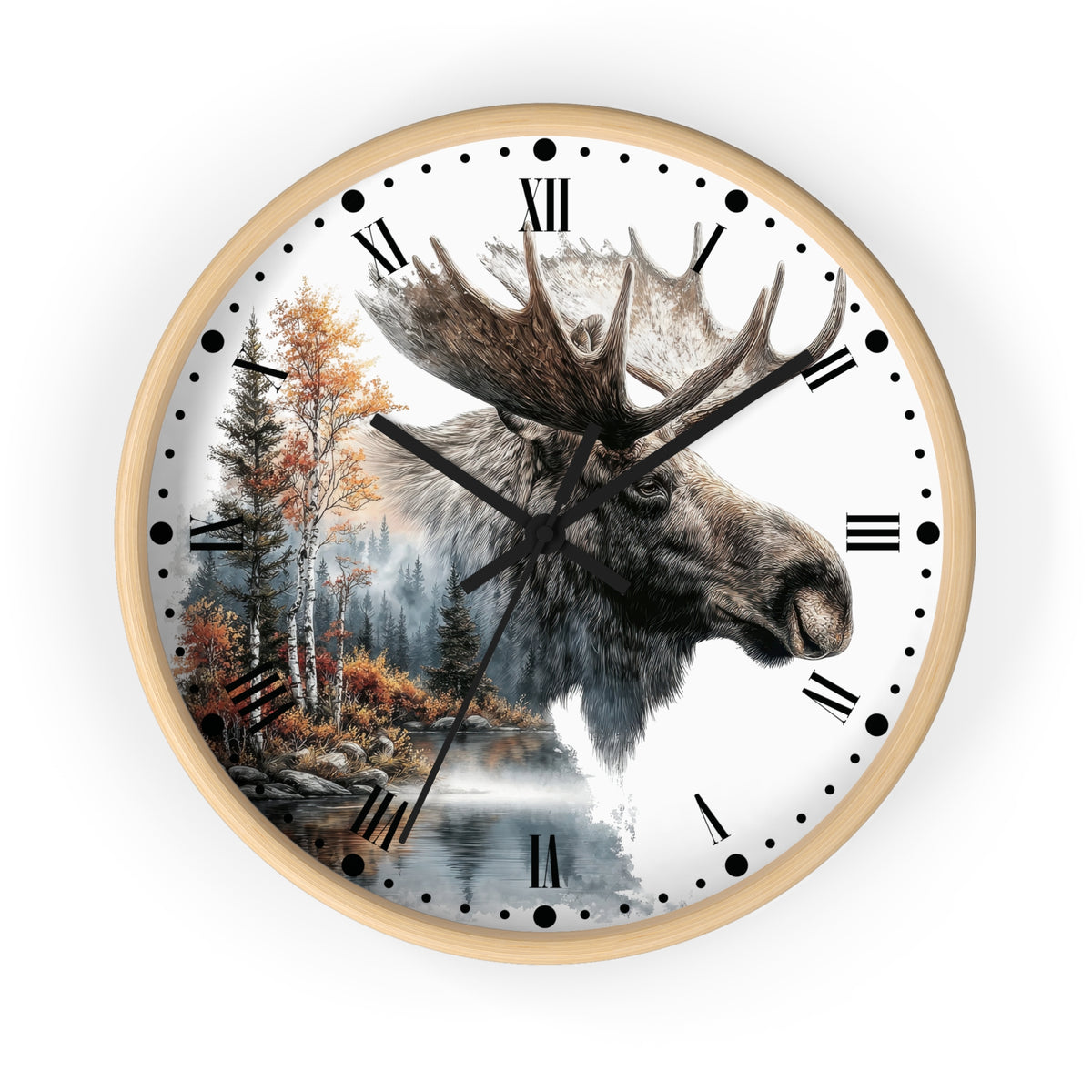 A round wall clock with a light wood frame and a white face featuring a realistic moose head over a forest and lake landscape, with black Roman numerals and hands on a white background.