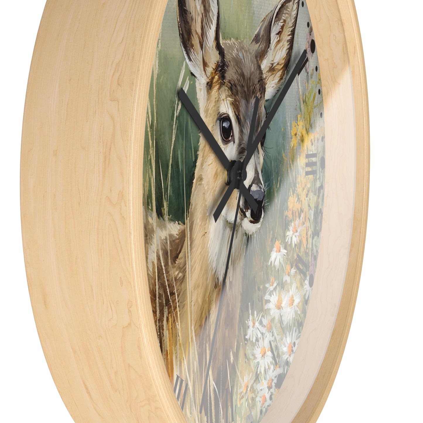 Round wall clock with a light natural wood frame and a printed deer illustration on the face, shown against a plain white background.