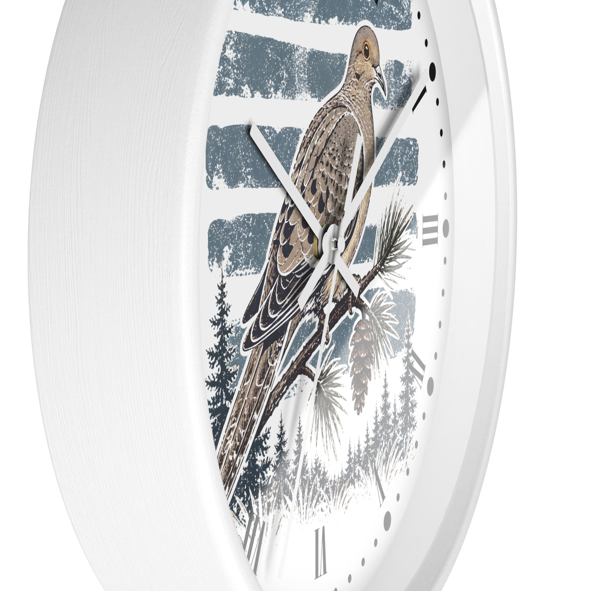White oval wall clock featuring a detailed illustration of a brown dove bird perched on a pine branch against a blue and white striped background.