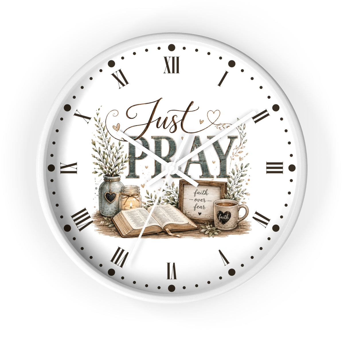 Just Pray Decorative Wall Clock — Rustic Faith-Inspired Home Decor