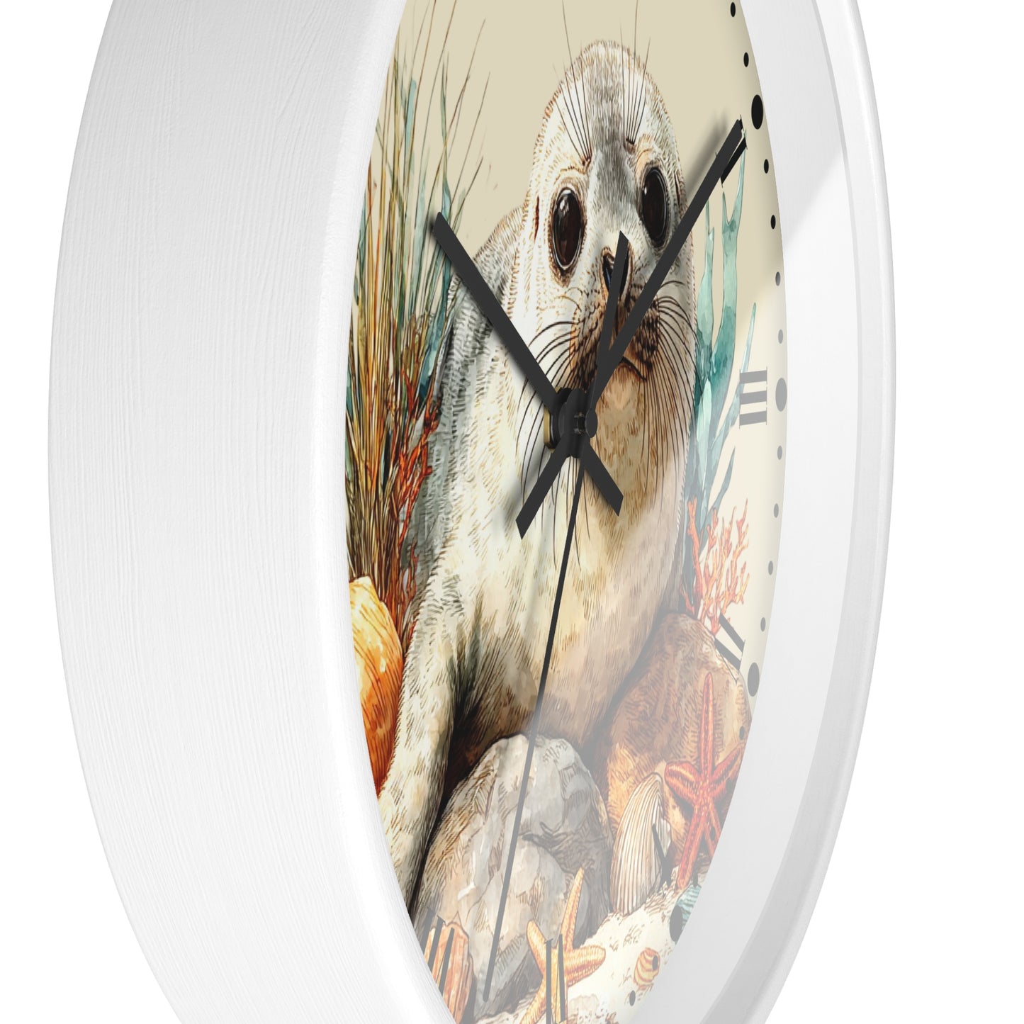 A white oval wall clock featuring a detailed illustration of a seal on the clock face, with black hands and minimalist Roman numerals.