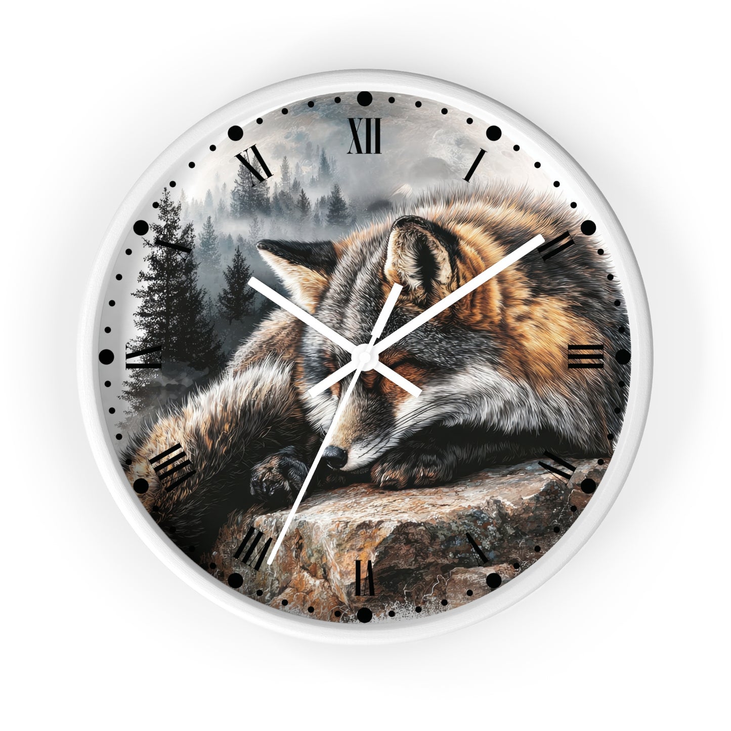Round wall clock with a white frame and a printed nature scene of a fox resting on a rock in a misty forest. The clock face has black Roman numerals and white hands.
