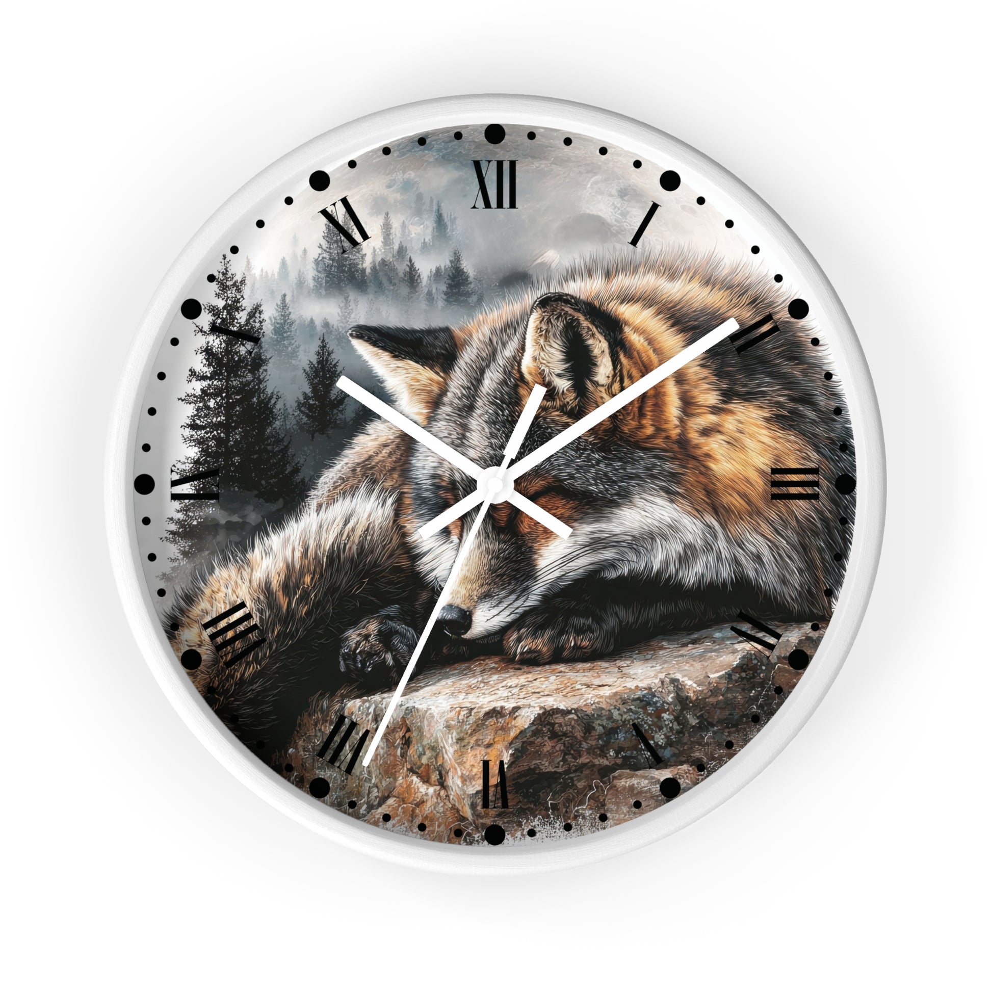 Round wall clock with a white frame and a printed nature scene of a fox resting on a rock in a misty forest. The clock face has black Roman numerals and white hands.