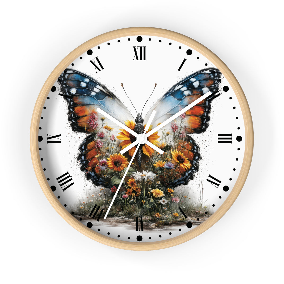 A round wall clock with a light wood frame and a white dial featuring a large colorful butterfly over wildflowers, with black Roman numerals and hands on a white background.