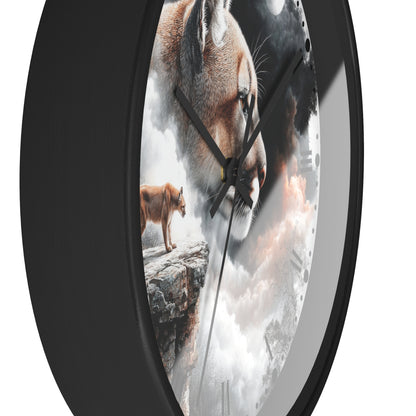 A round wall clock with a black frame and a printed face featuring a large lion face, a smaller lion standing on a rock, and cloudy imagery. The clock is shown at an angle against a plain white background.