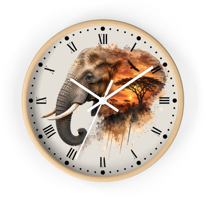 Round wall clock with a light wood frame and a printed elephant and savanna scene on the face, with black Roman numerals and white clock hands on a white background.