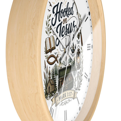 Hooked on Jesus Wall Clock — Christian Fishing & Faith Decor (Mark 1:17)