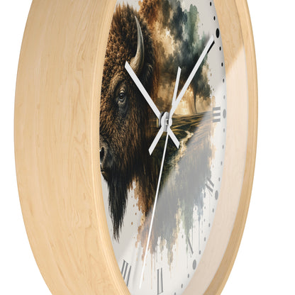 Buffalo Landscape Wall Clock — Rustic Prairie Bison Art