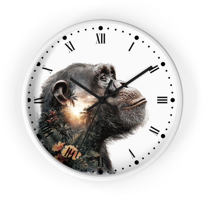 A round wall clock with a white face, black Roman numerals, and black hands, featuring a photographic chimpanzee portrait with a sunset and tropical foliage overlay on the left side.