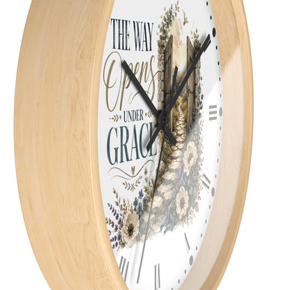 Rustic Floral Inspirational Wall Clock - "The Way Opens Under Grace"  Christian Home Decor