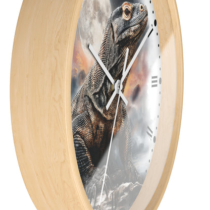 Round wall clock with a light natural wood frame and a printed Komodo dragon design on the face, shown against a plain white background.
