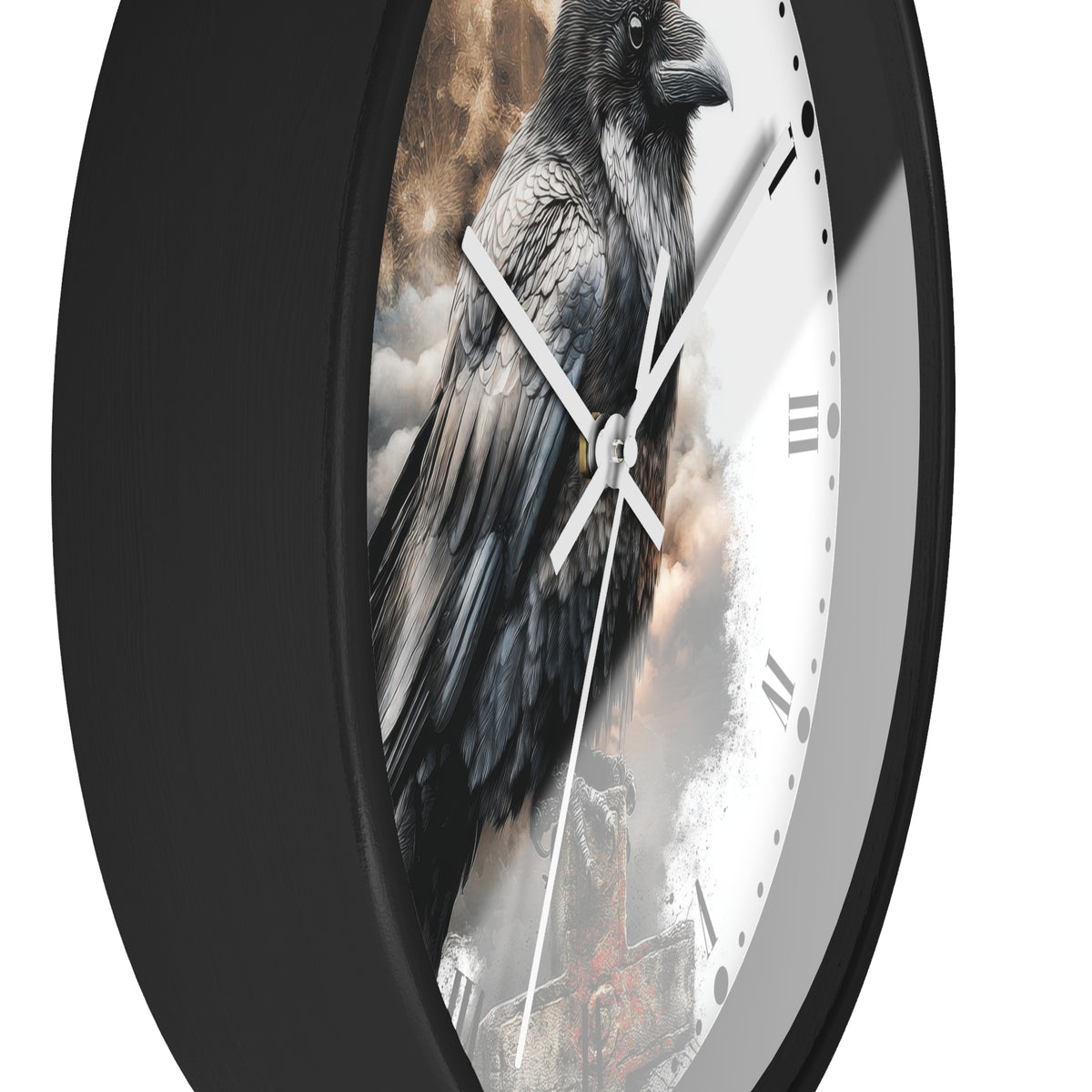 A close-up of a round wall clock with a black frame and a printed raven design on the face, set against a plain white background.