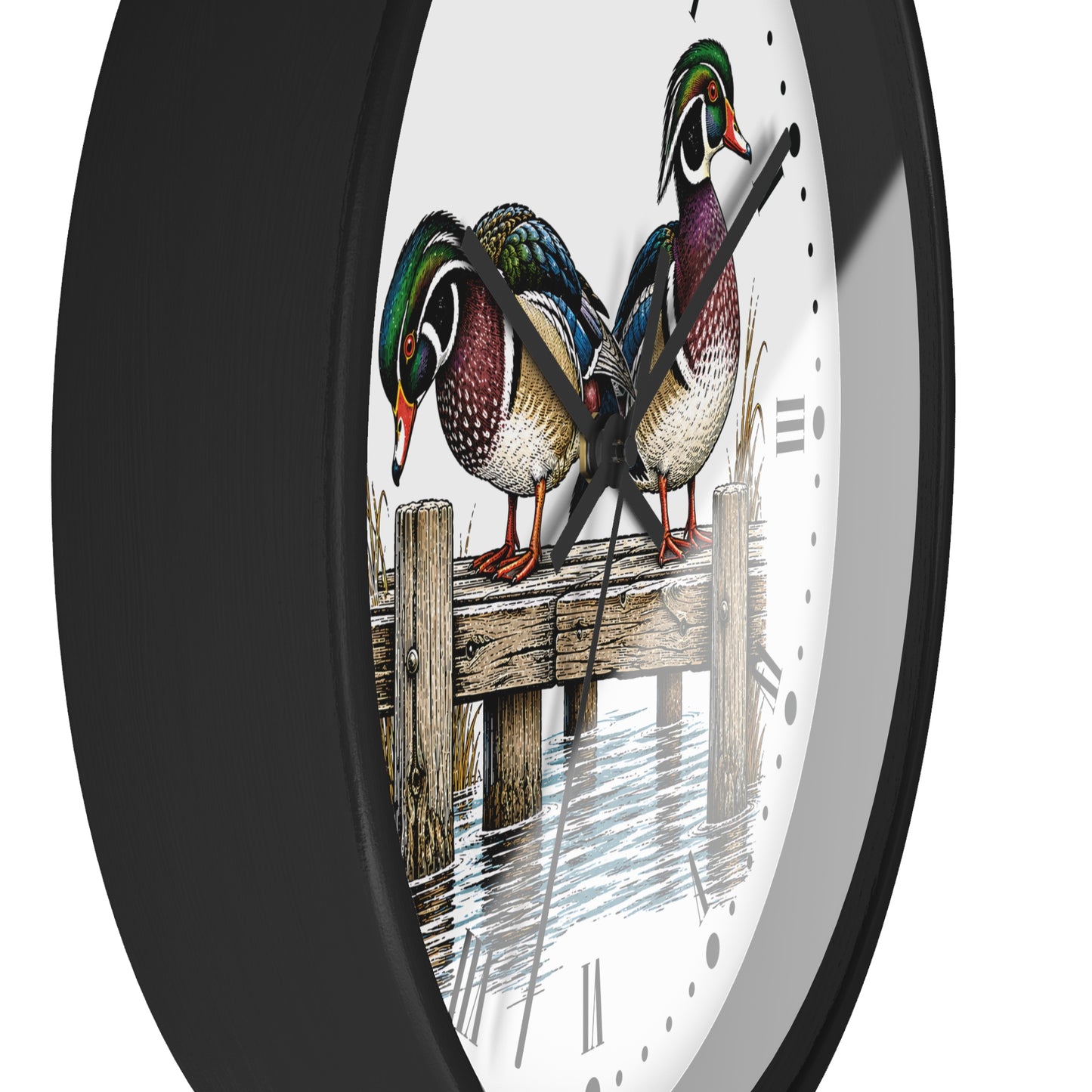 Wood Ducks on Pier Wall Clock — Rustic Bird Decor for Nature Lovers