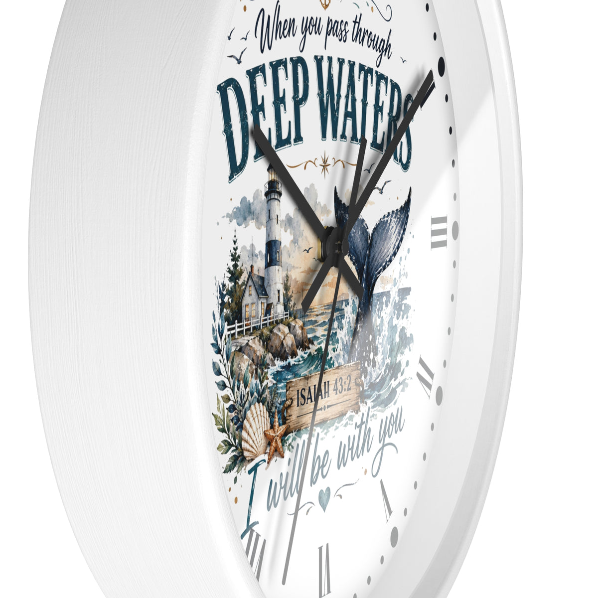 Inspirational Lighthouse Bible Verse Wall Clock — "When You Pass Through Deep Waters" (Isaiah 43:2)