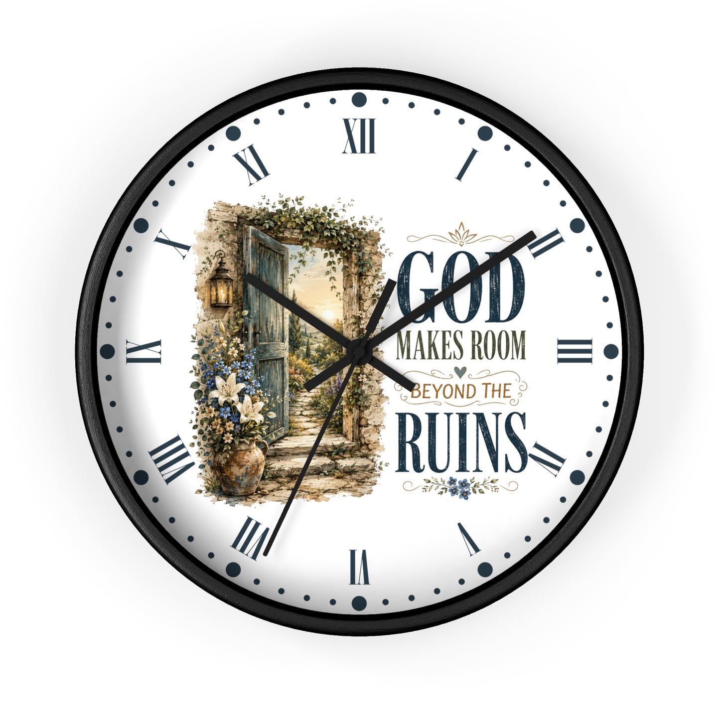 Inspirational Wall Clock — “God Makes Room Beyond the Ruins” Rustic Faith Home Decor