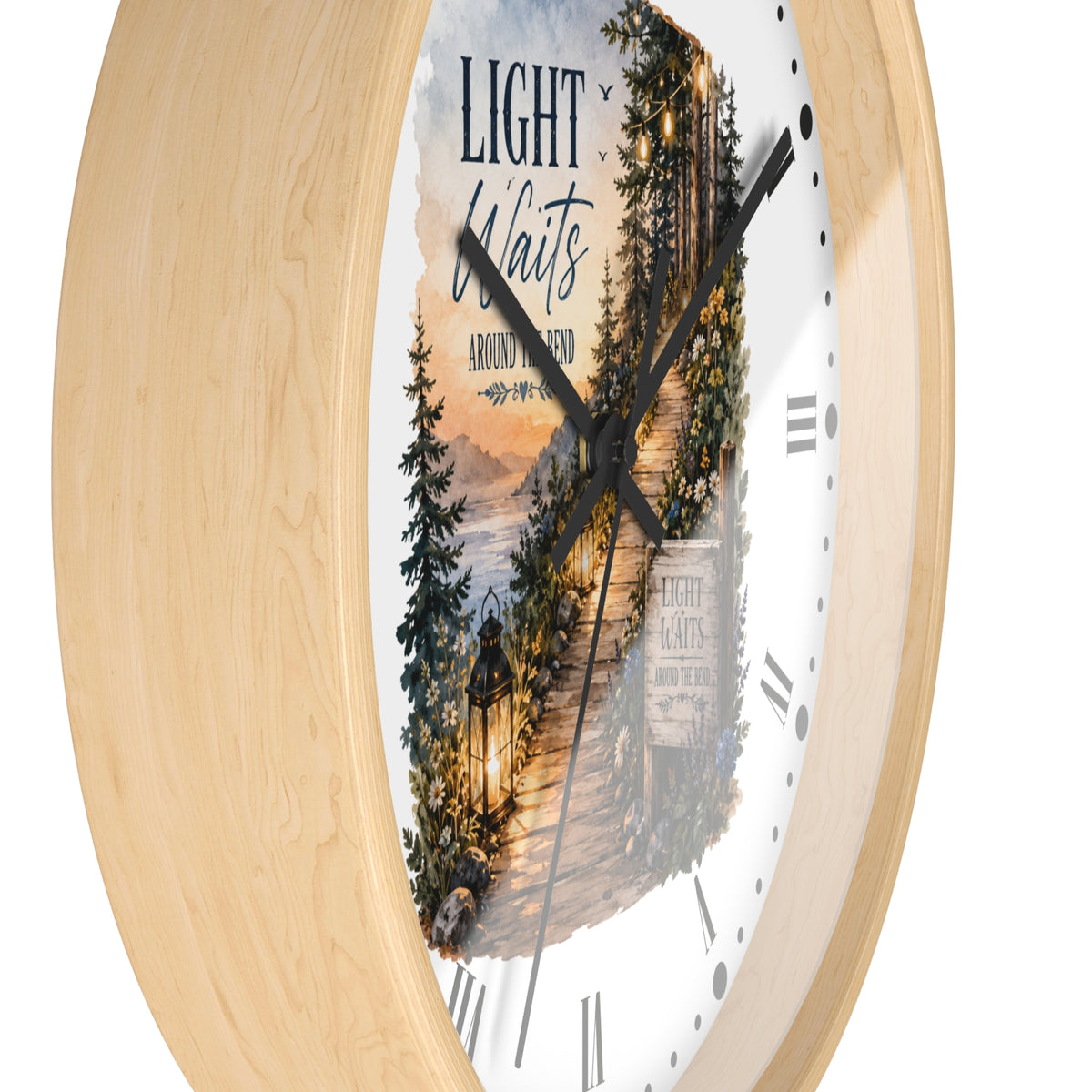 Rustic Lantern Christian Wall Clock — "Light Waits Around the Bend" Bible Verse Decor