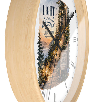 Rustic Lantern Christian Wall Clock — "Light Waits Around the Bend" Bible Verse Decor