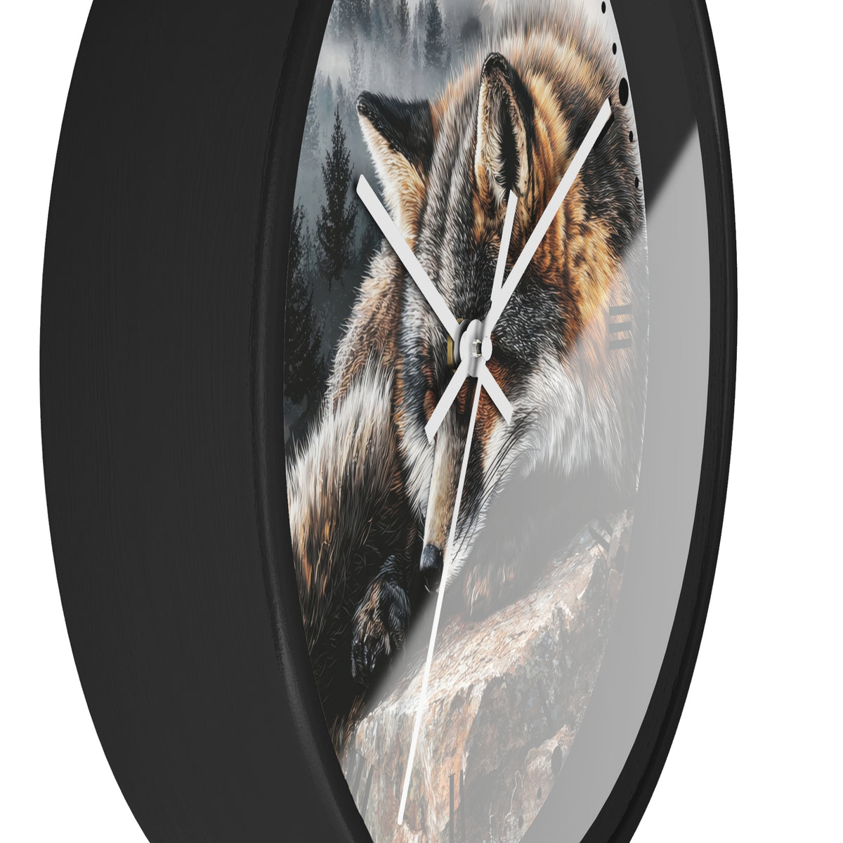 A round wall clock with a black frame and a printed fox illustration on the face, shown against a plain white background.