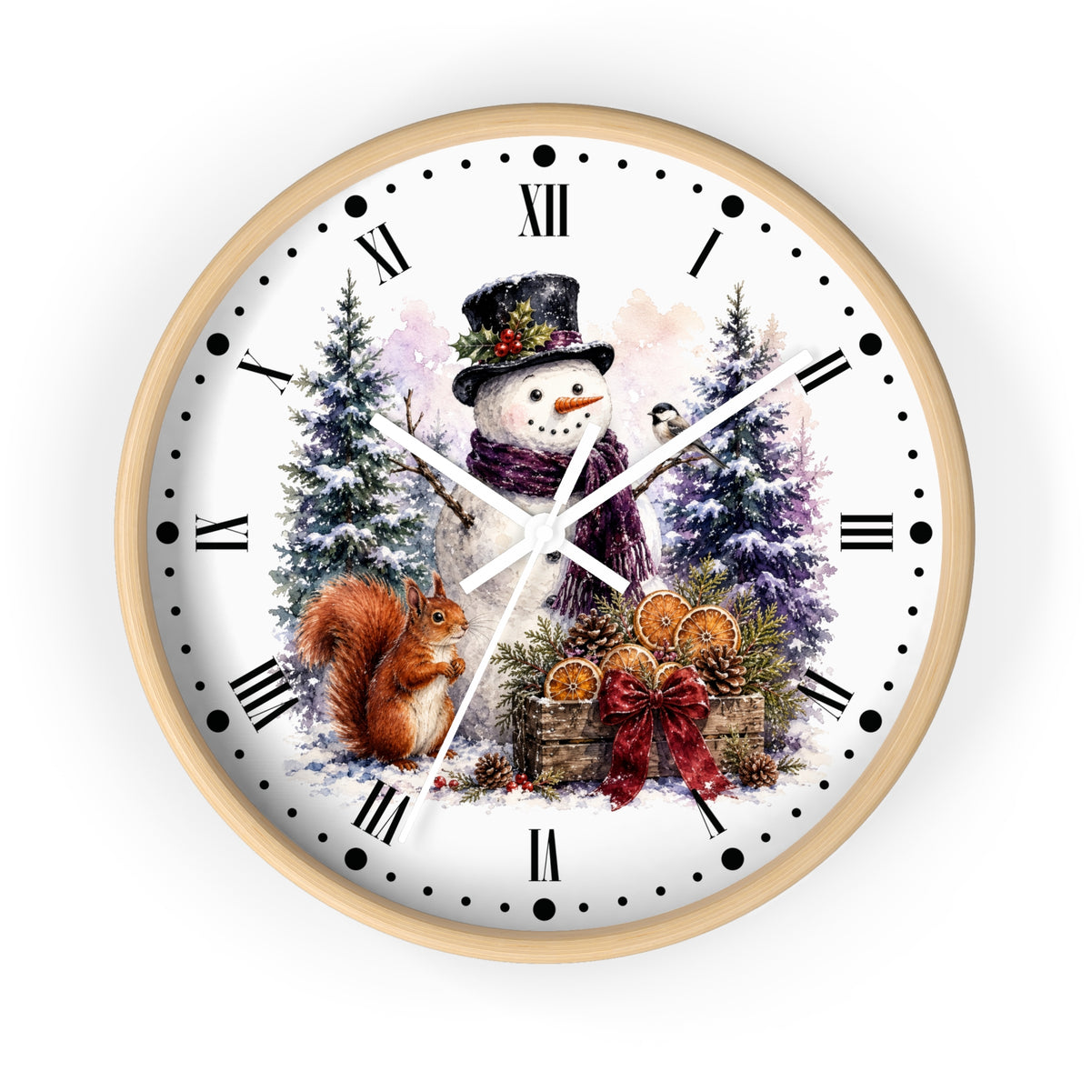 A round wall clock with a light wood frame and a white face featuring a winter holiday illustration of a snowman, a squirrel, evergreen trees, and gift baskets. The clock has black Roman numerals and black dot hour markers with white hands.