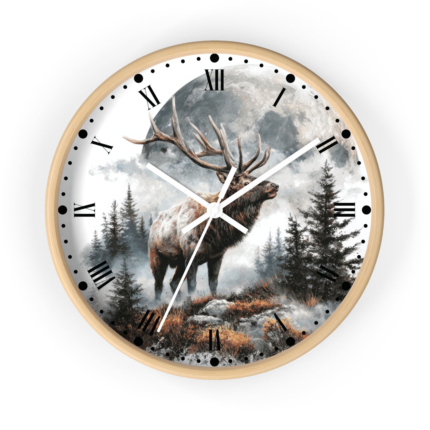 A round wall clock with a light wood frame and a printed scenic dial showing a large deer standing in a misty forest under a full moon. The clock uses black Roman numerals for hour markers and white hands.