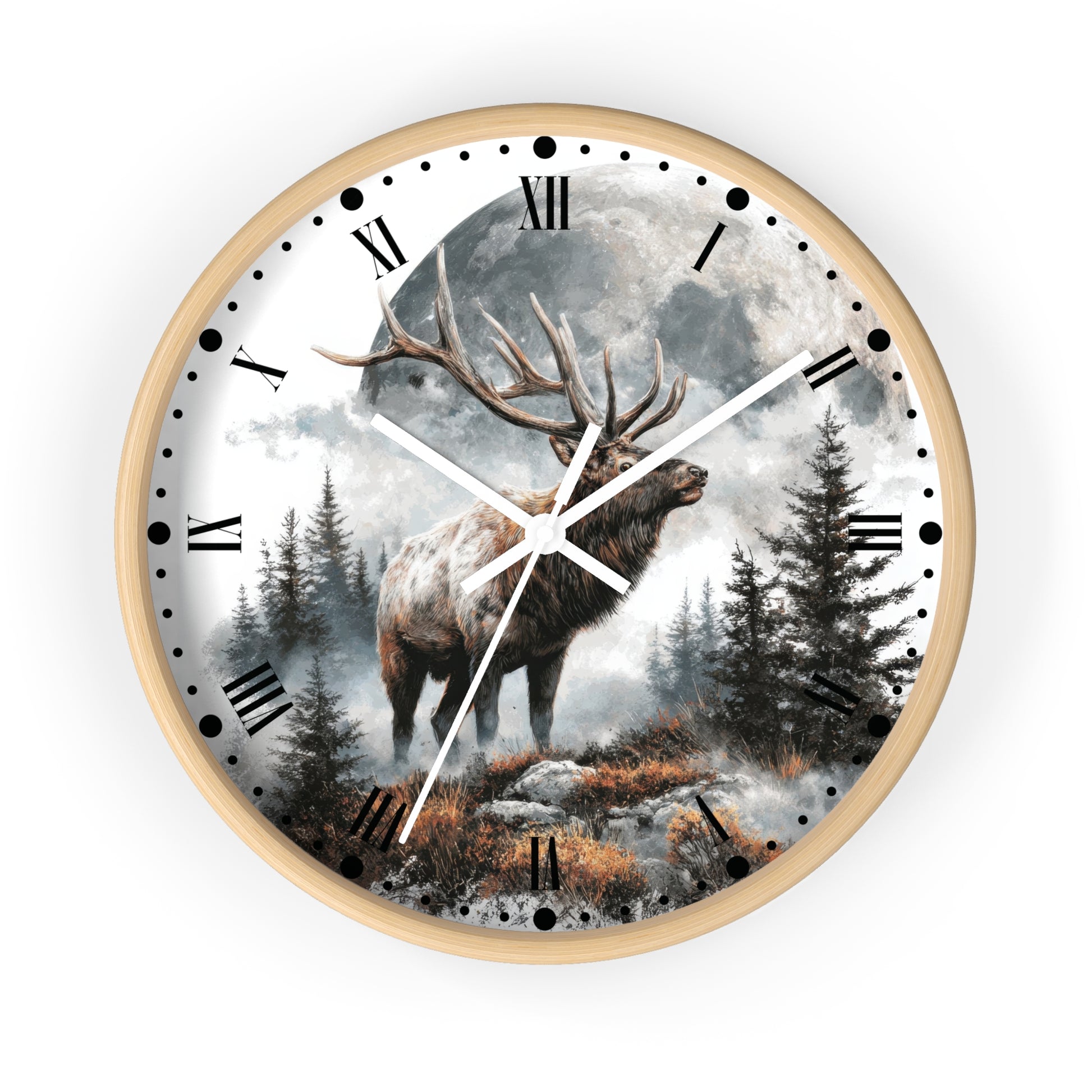 A round wall clock with a light wood frame and a printed scenic dial showing a large deer standing in a misty forest under a full moon. The clock uses black Roman numerals for hour markers and white hands.