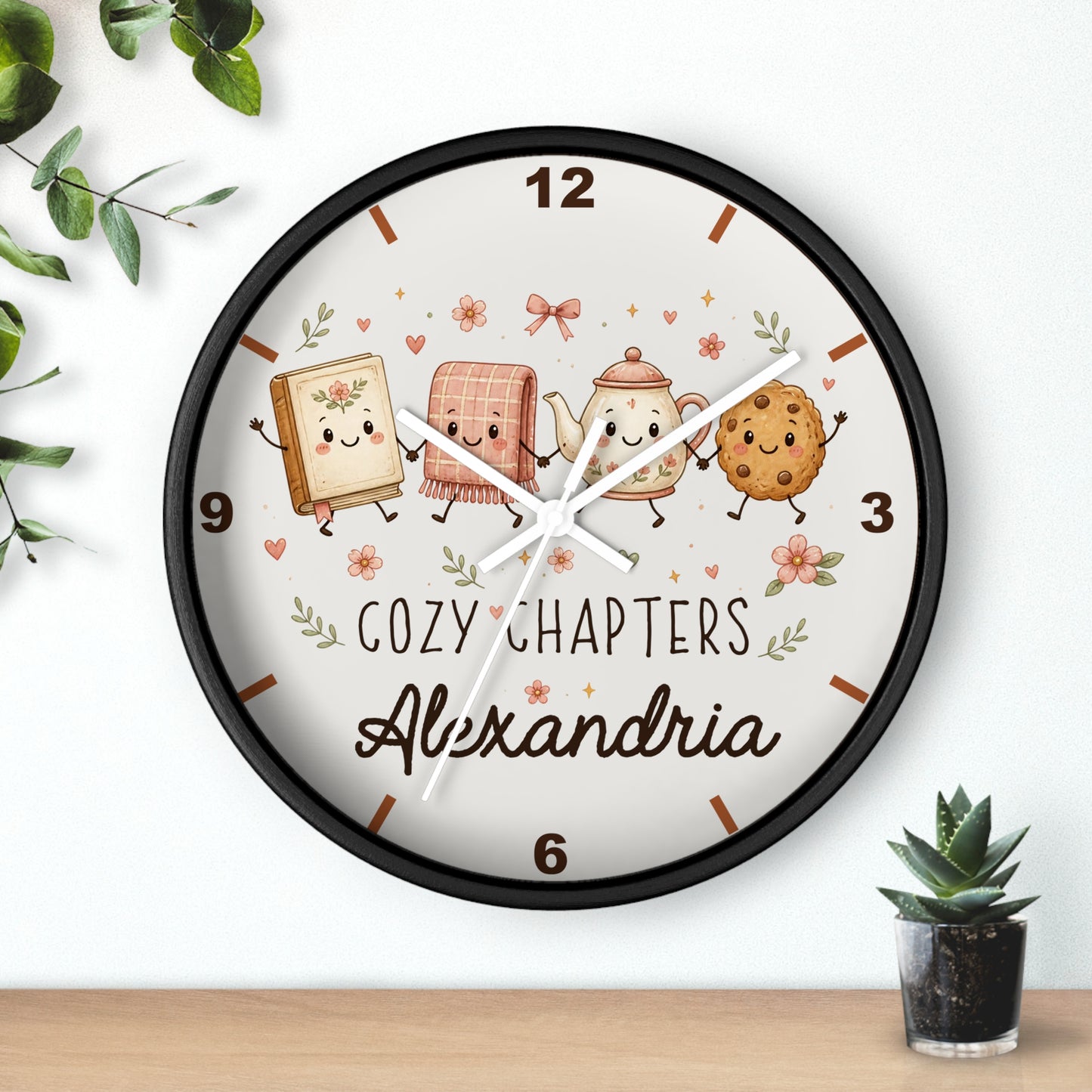 Cozy Chapters Personalized Wall Clock | Cute Book & Tea Kids Room Decor