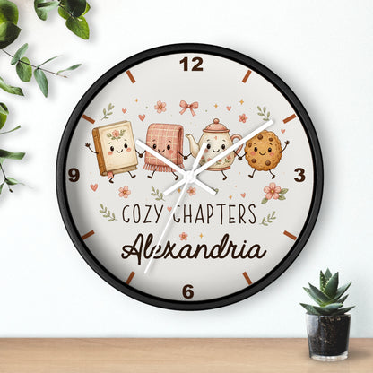 Cozy Chapters Personalized Wall Clock | Cute Book & Tea Kids Room Decor