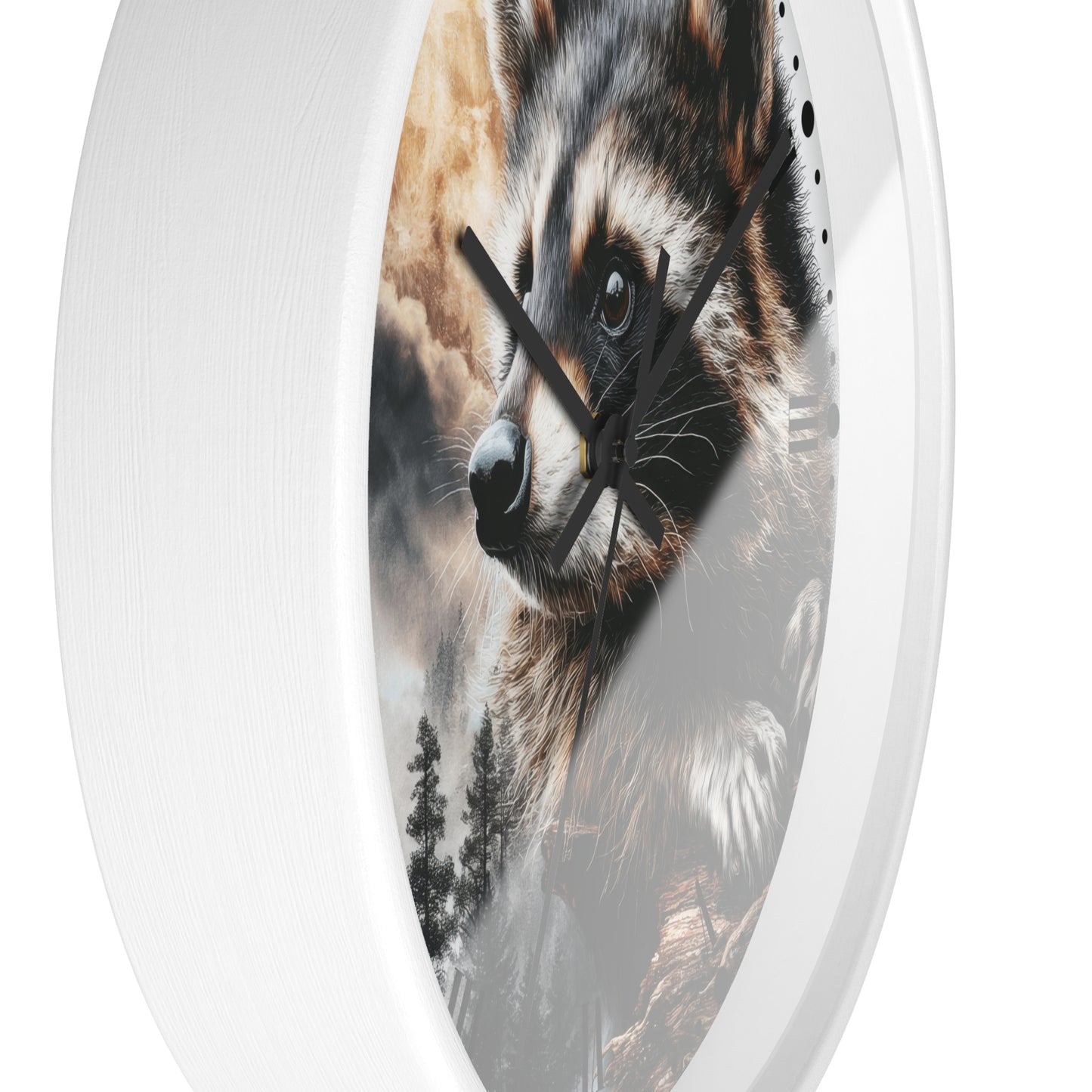 A round wall clock with a white frame and a printed raccoon face over a forest landscape. The clock is shown at an angle against a plain white background.
