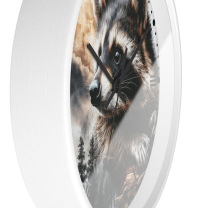 A round wall clock with a white frame and a printed raccoon face over a forest landscape. The clock is shown at an angle against a plain white background.