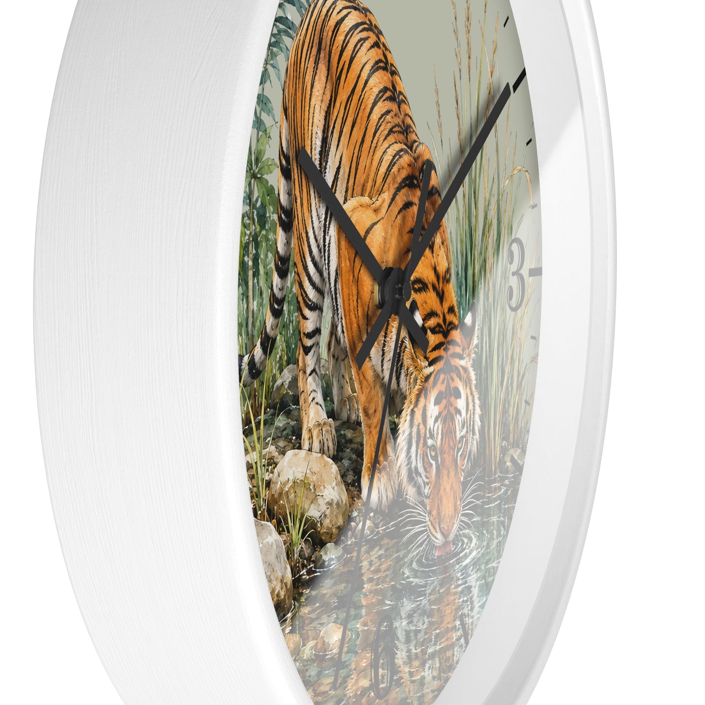 Round wall clock with a white frame and a printed nature scene of a tiger drinking water on the face, shown against a plain white background.