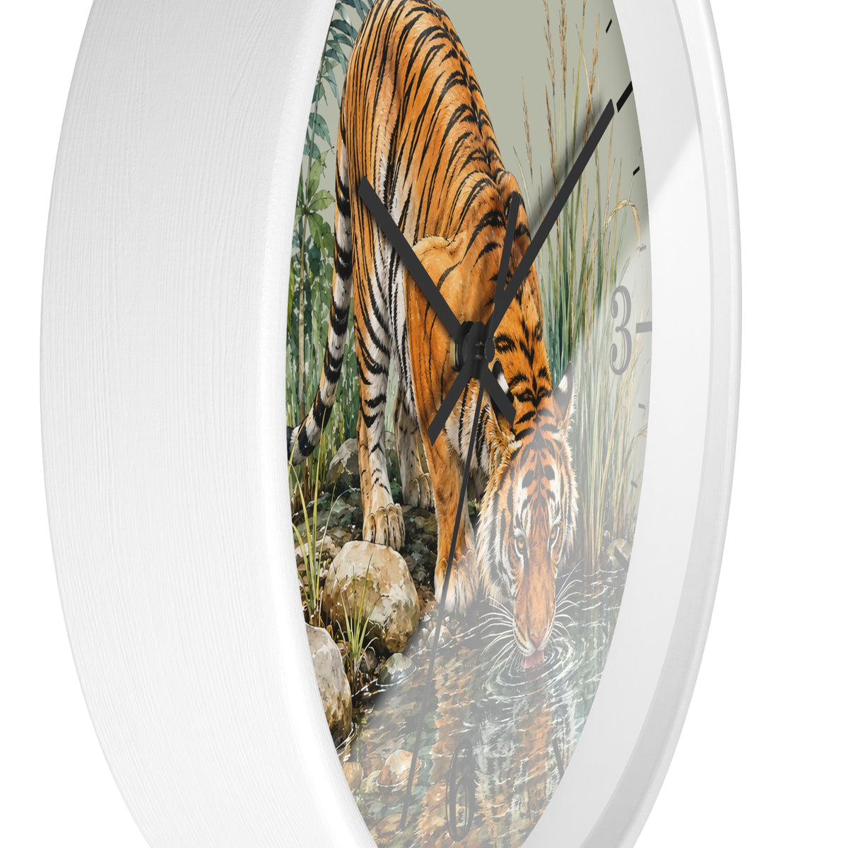 Round wall clock with a white frame and a printed nature scene of a tiger drinking water on the face, shown against a plain white background.