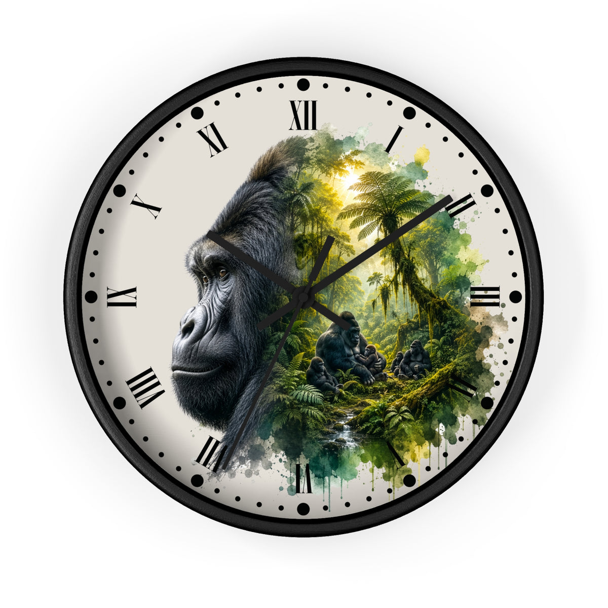 A round wall clock with a black frame and a printed design featuring a gorilla portrait on the left and a lush jungle scene on the right, set against a plain white background.
