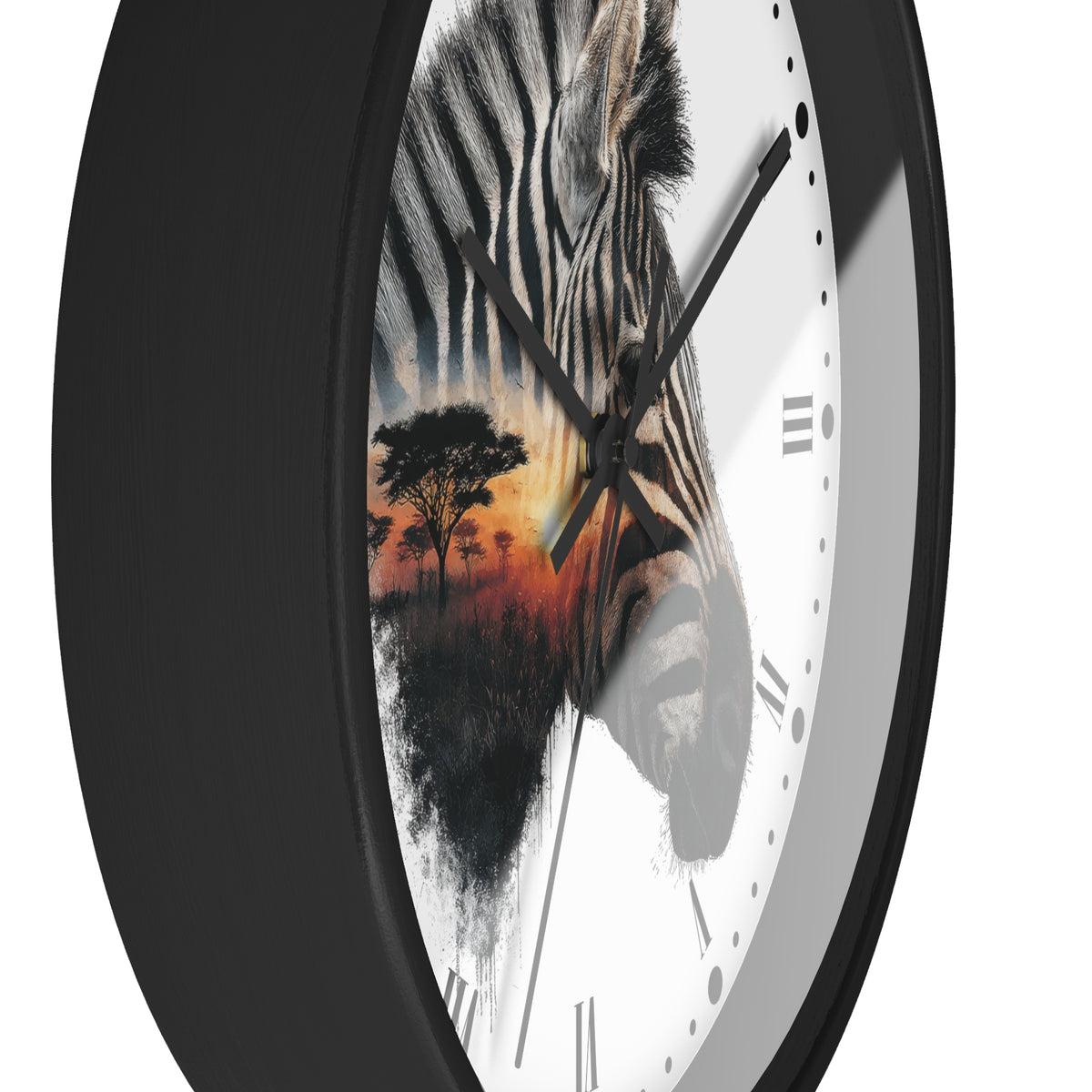 Zebra Sunset Wall Clock with Roman Numerals — African Savanna Animal Decor