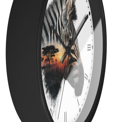 Zebra Sunset Wall Clock with Roman Numerals — African Savanna Animal Decor