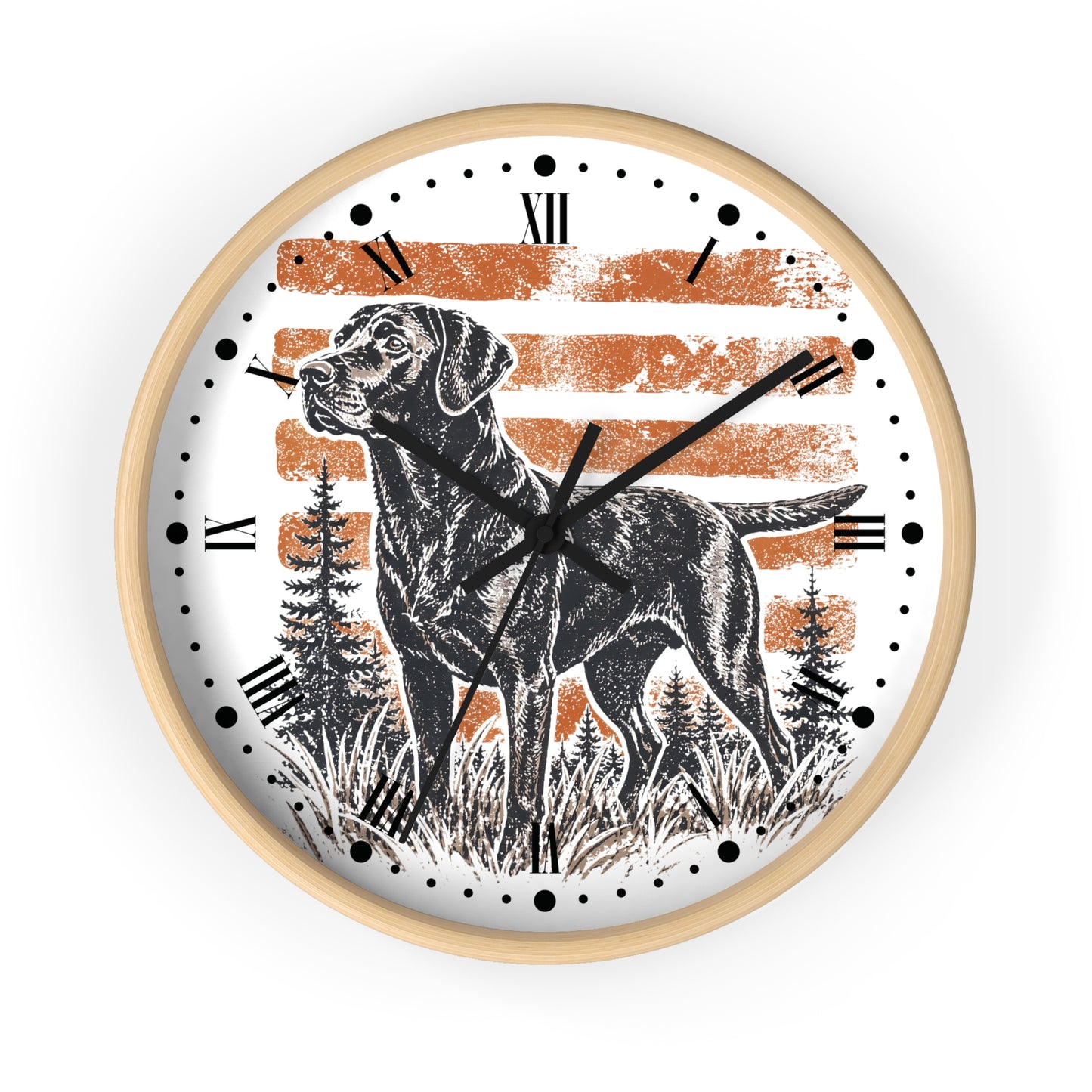 A round wall clock with a light natural wood frame, featuring a black-and-white illustration of a dog standing in front of distressed orange horizontal stripes and black pine trees on a white face. The clock uses black Roman numerals and black dot hour markers with black hands.