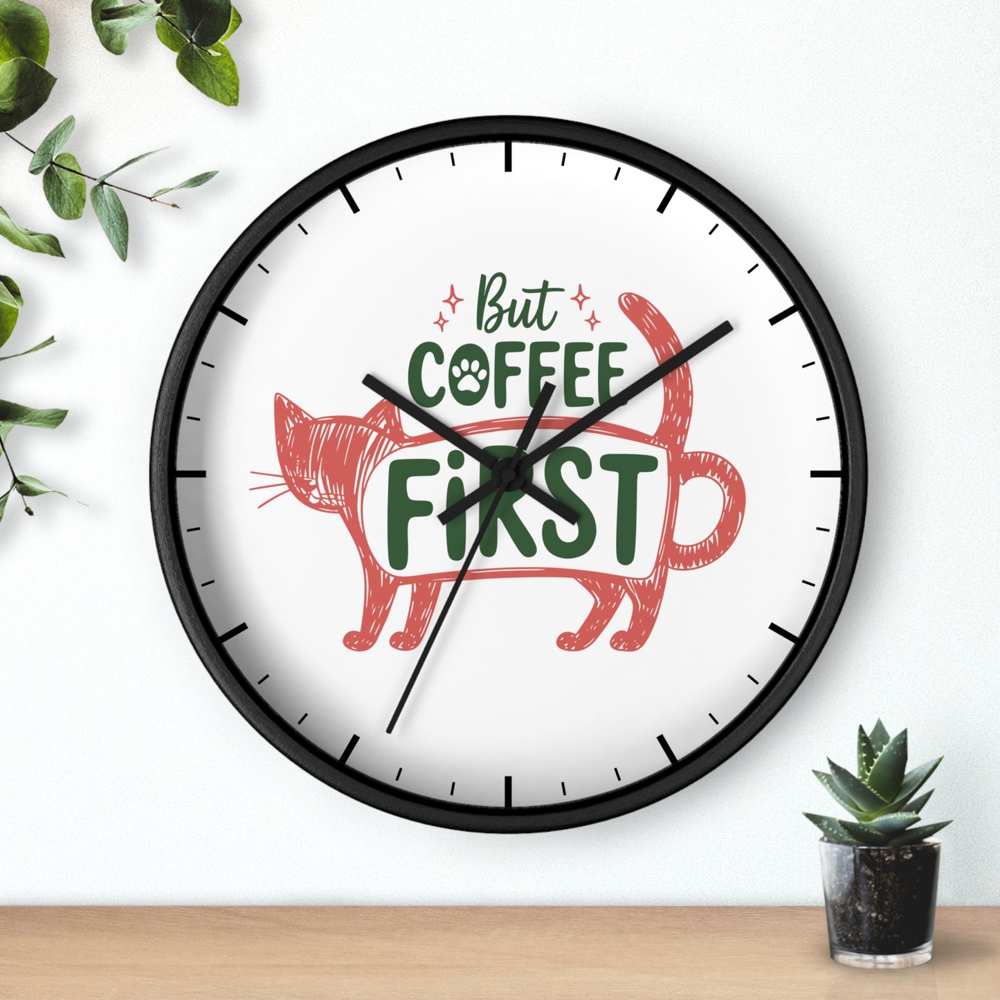 But Coffee First Coffee Cat Wall Clock | Cute Hand Drawn Kitchen Decor